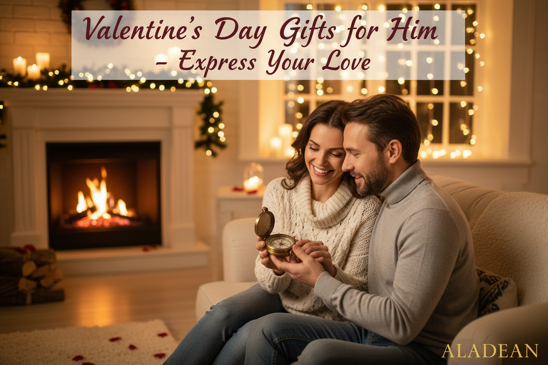 Valentine's Day Gifts for Him - Woman giving personalized brass compass to boyfriend - Romantic gifts from Aladean