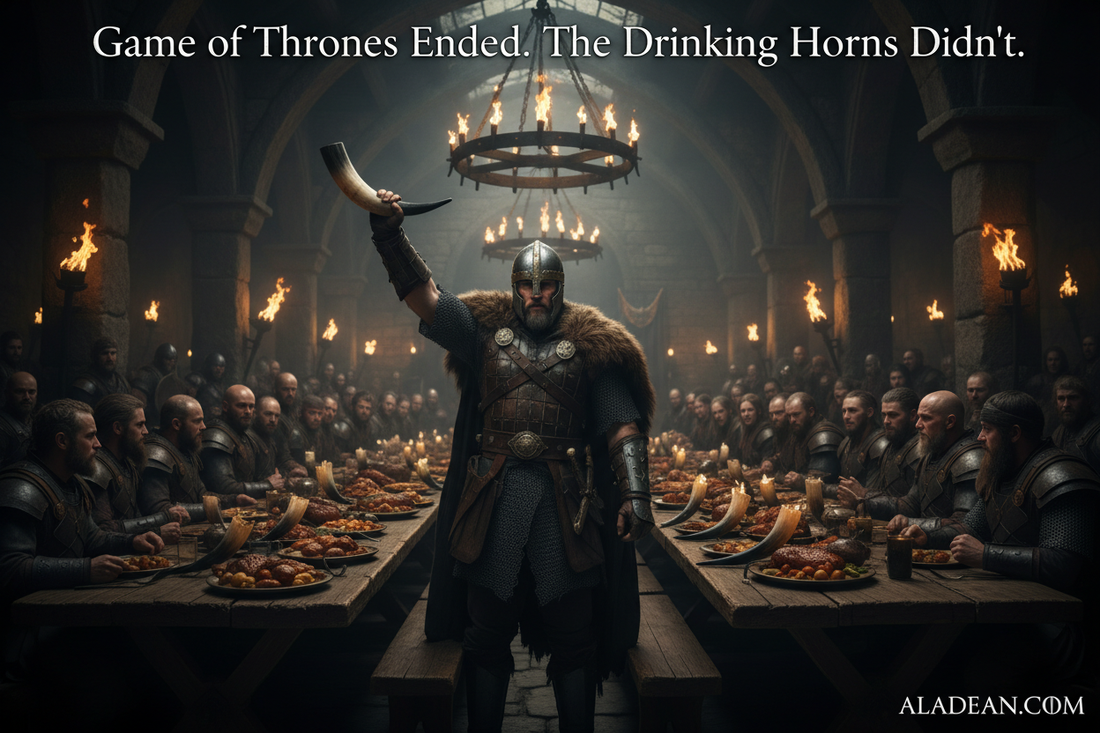 Viking warrior raising real buffalo horn drinking vessel at feast — Game of Thrones inspired — Aladean