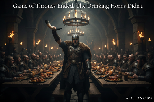Viking warrior raising real buffalo horn drinking vessel at feast — Game of Thrones inspired — Aladean