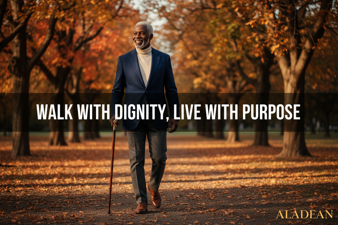 Walk With Dignity Live With Purpose - Brass handle walking cane by Aladean
