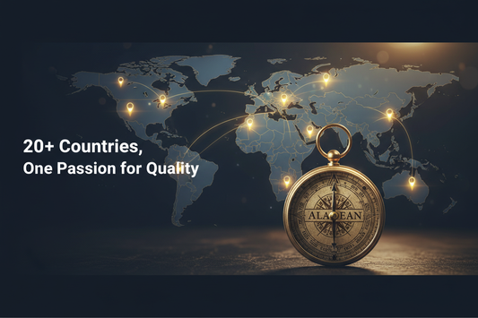 Aladean personalized gifts worldwide - world map showing 20+ countries with custom engraved brass treasures, international shipping, multilingual support