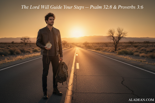 The Lord Will Guide Your Steps - Psalm 32:8 and Proverbs 3:6 Complete Guide - Young Man on Open Road with Compass - Aladean