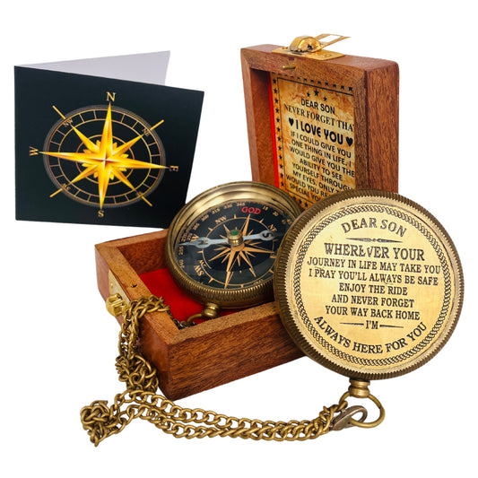 Geschenk für Sohn – gravierter Messing-Kompass-Gruß