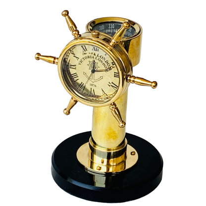 Brass Shipwheel Clock Compass Tabletop Decorative Gift