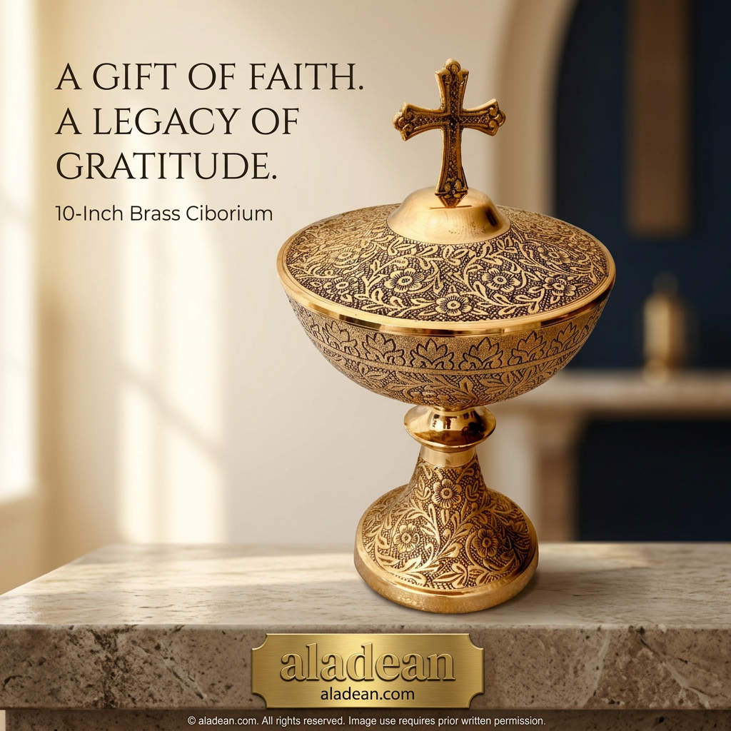 10-inch brass ciborium with cross lid