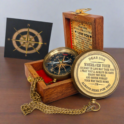 Geschenk für Sohn – gravierter Messing-Kompass-Gruß