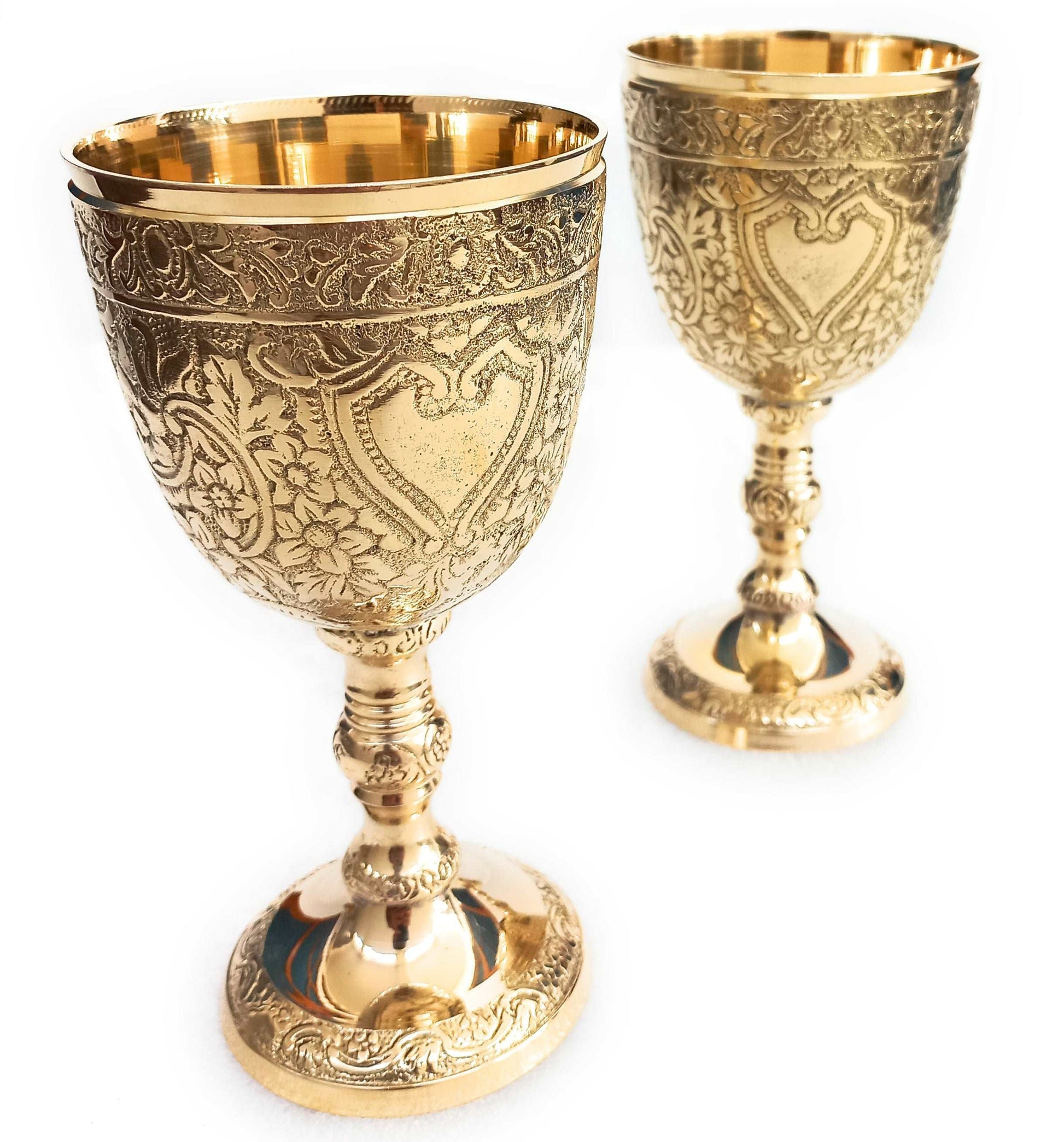 set of 6 solid brass goblets, medieval gothic renaissance style vintage wine  glasses