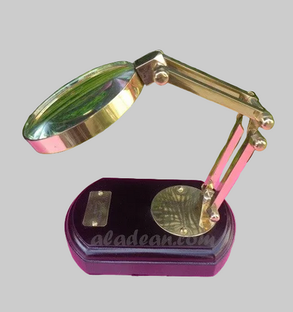 Gold magnifying glass on a purple stand with 'aladean' branding on a gray background