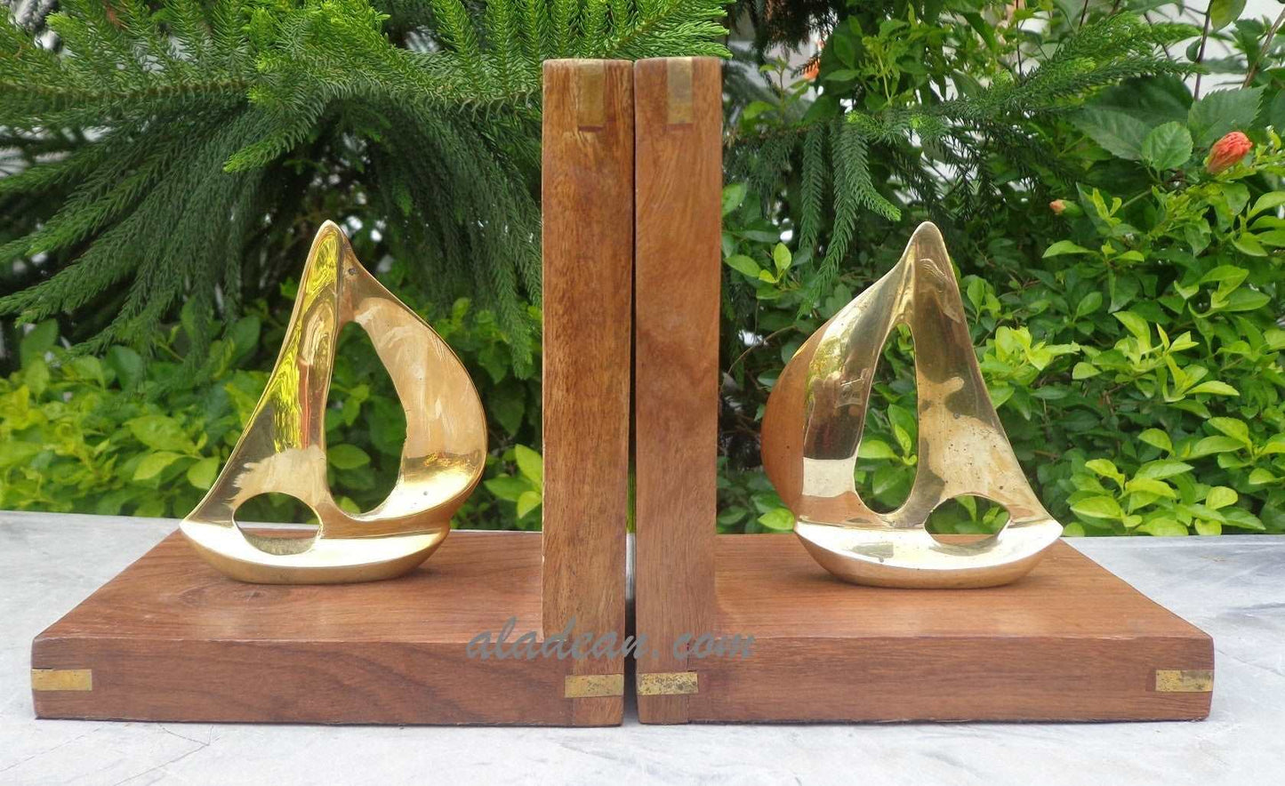 Wood Bookend with Brass Ship Book ends