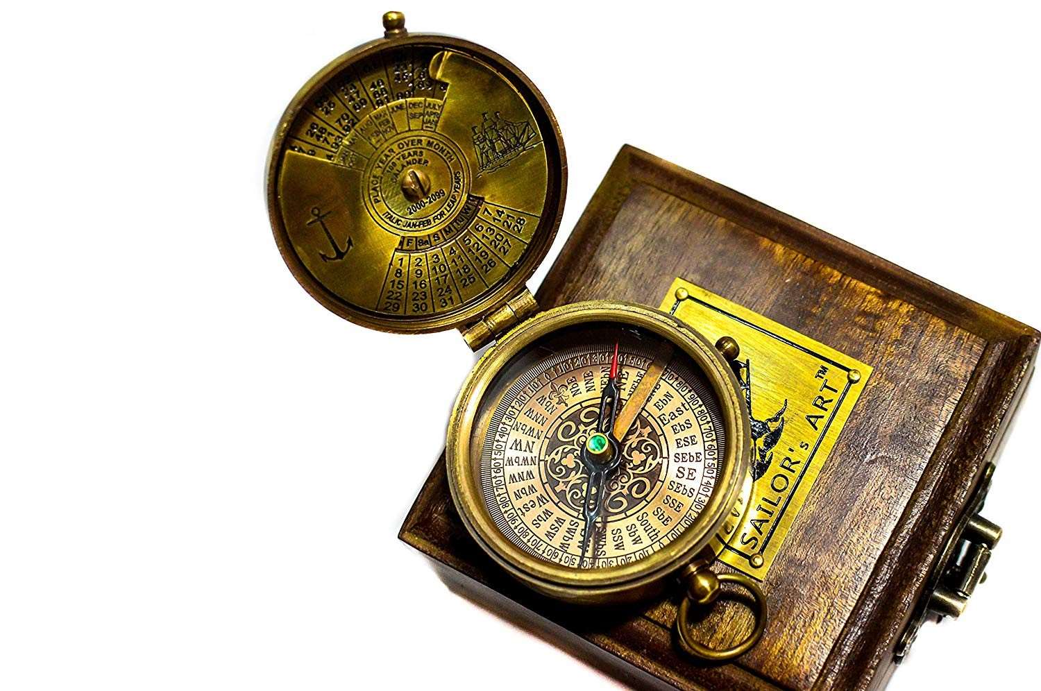 Antique Brass Compass With Wooden Box