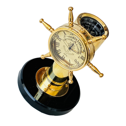 Brass Shipwheel Clock Compass Tabletop Decorative Gift