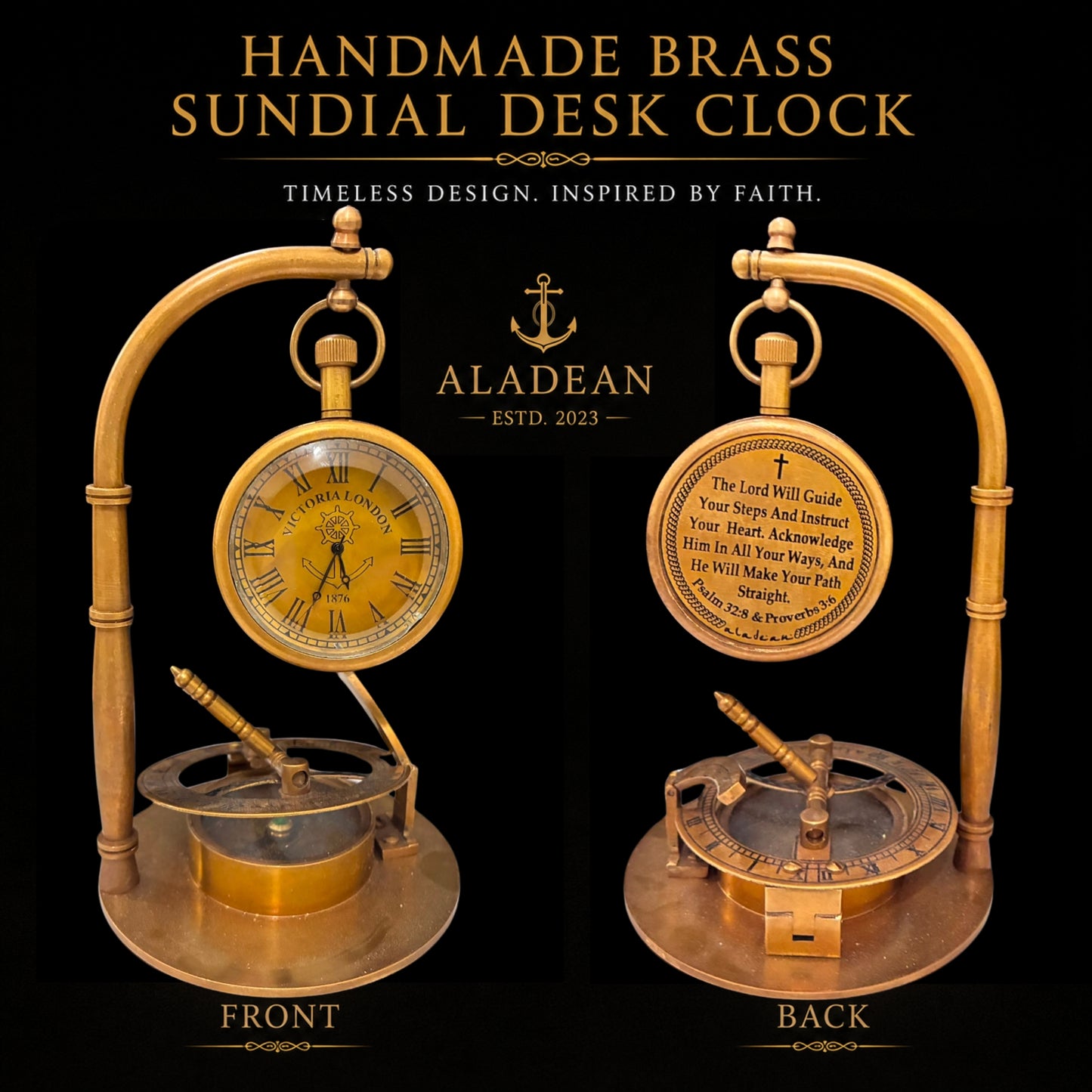 Decorative Table Clock Sundial Compass | Desk Sundial with Engraved Bible Verse – Lord Will Guide