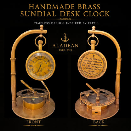 Decorative Table Clock Sundial Compass | Desk Sundial with Engraved Bible Verse – Lord Will Guide