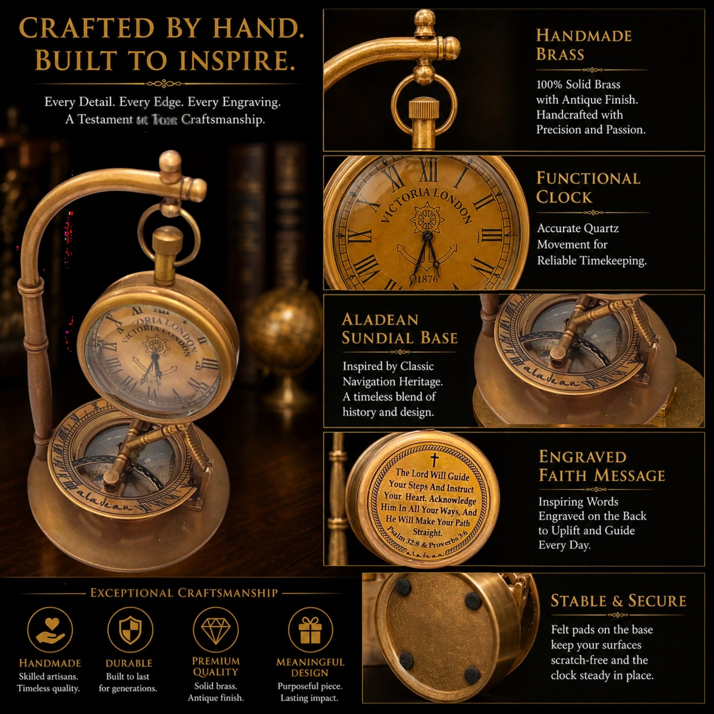 Decorative Table Clock Sundial Compass | Desk Sundial with Engraved Bible Verse – Lord Will Guide