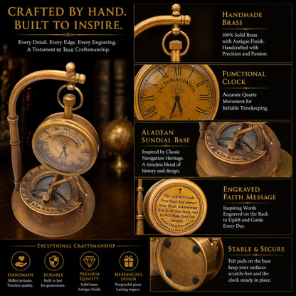 Decorative Table Clock Sundial Compass | Desk Sundial with Engraved Bible Verse – Lord Will Guide