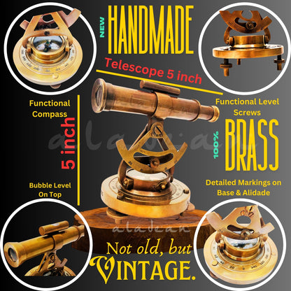 Brass Alidade Telescope with Compass - Vintage Surveying Instrument Decor