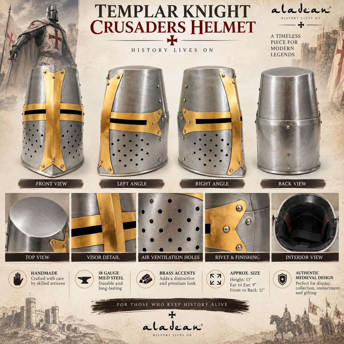Templar Knight Crusaders Helmet – Handcrafted Steel Medieval Armor | Wearable Adult Costume