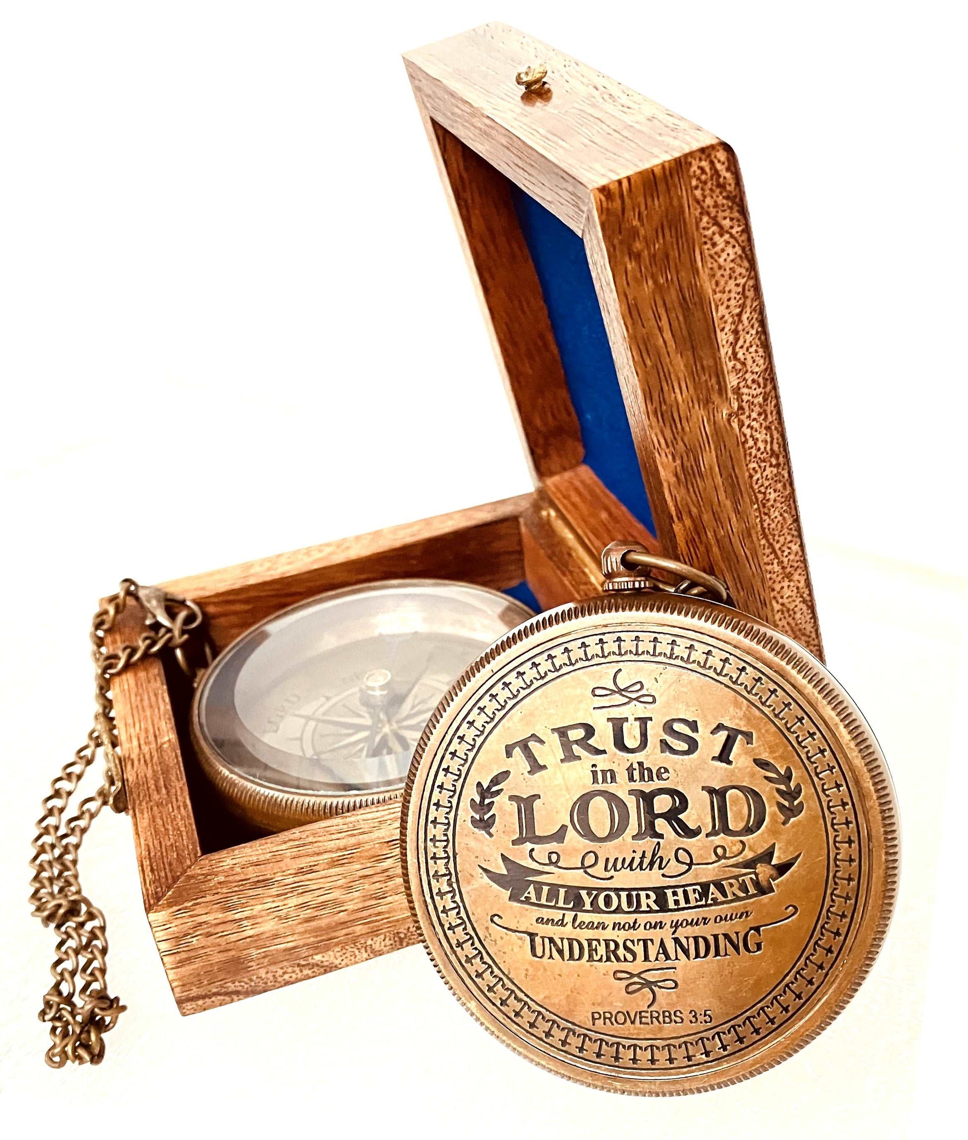 Religious Gifts - Trust in The Lord with All Your Heart Compass in Wood Box