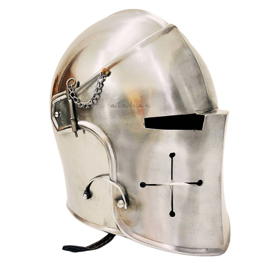 ALADEAN Barbuta Crusader Templar Helmet – 18 Gauge Polished Steel | Templar Cross Medieval Armor Replica