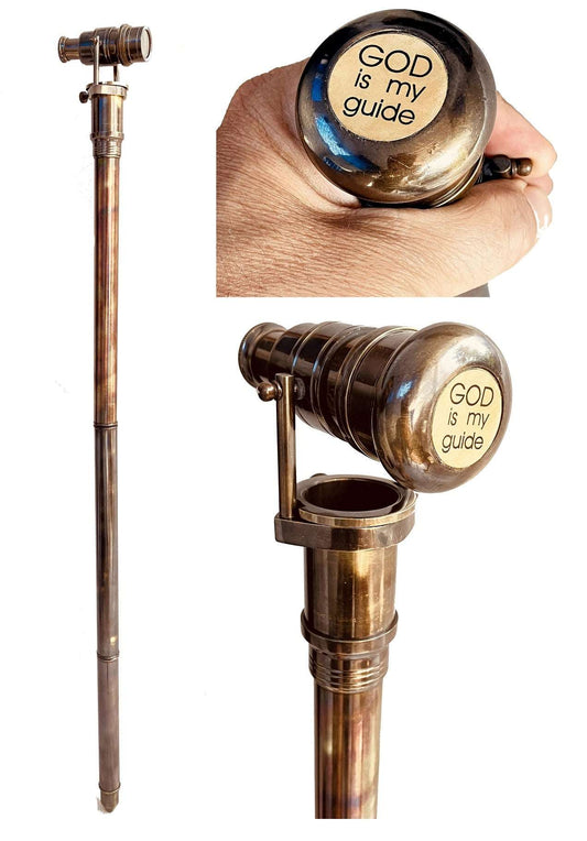 Walking Stick Compass Brass Knob Head Handle Walking Stick Wooden