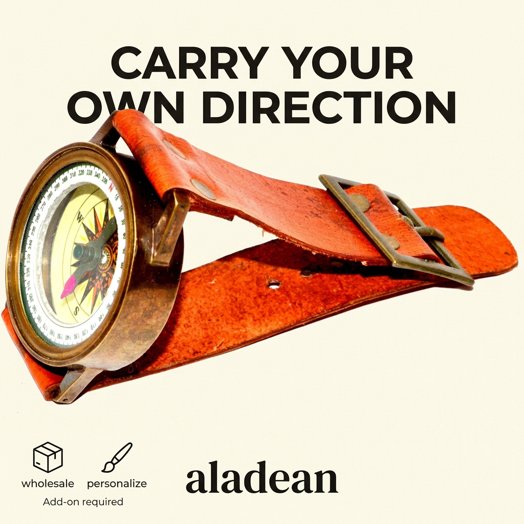 Ad-style wrist compass hero with slogan and icons