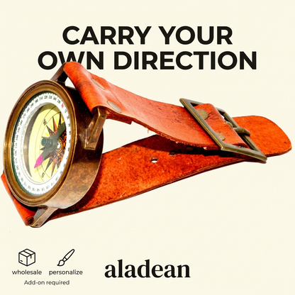 Ad-style wrist compass hero with slogan and icons