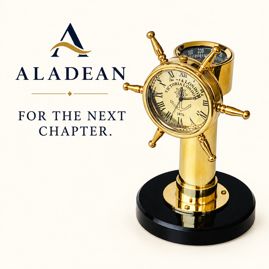 Aladean brass shipwheel desk clock with compass product advertisement