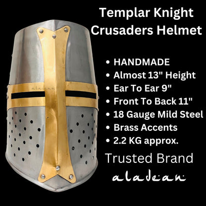 Templar Crusader Knights Helmet – Handcrafted Steel Medieval Armor | Wearable Adult Costume