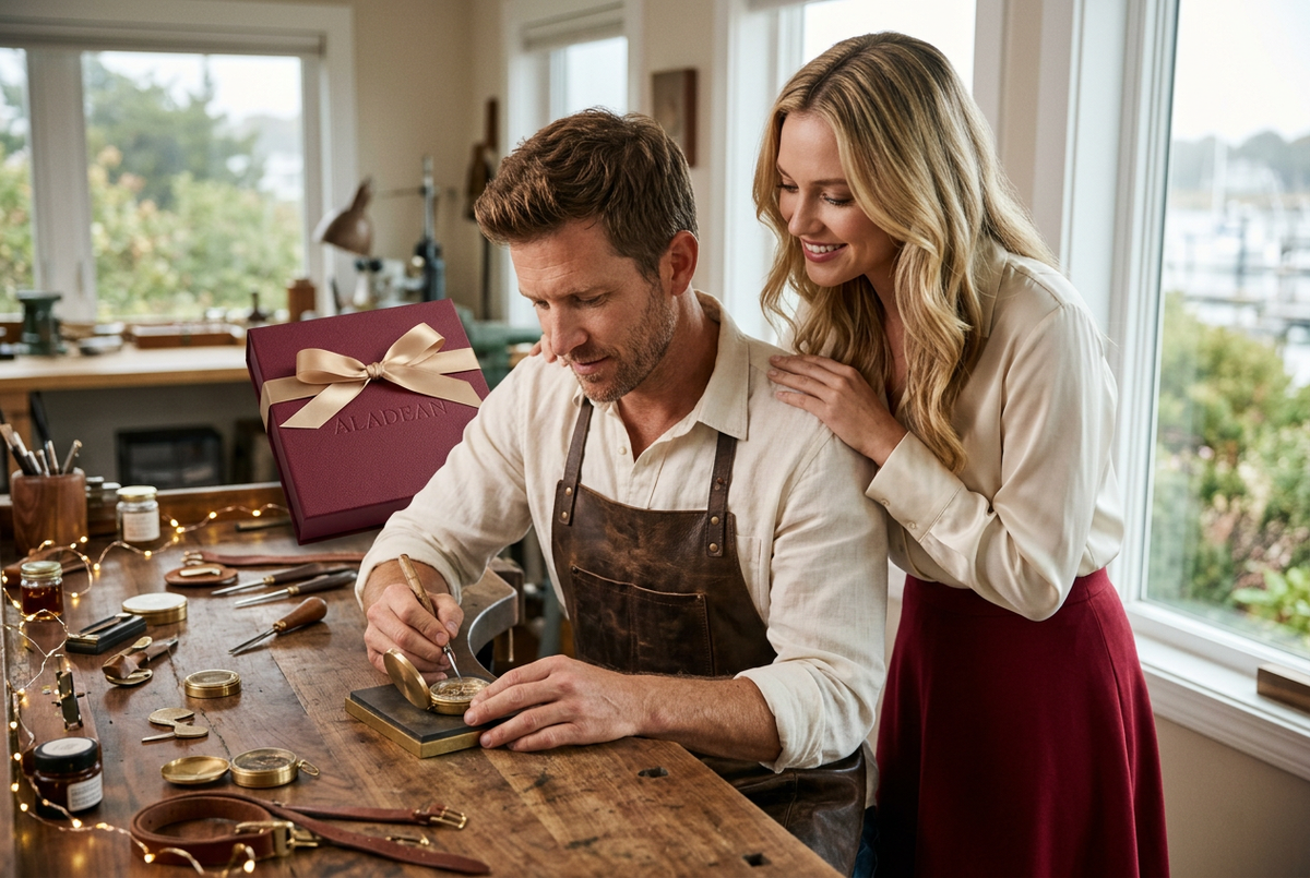American craftsman and supportive partner in a warm festive workshop
