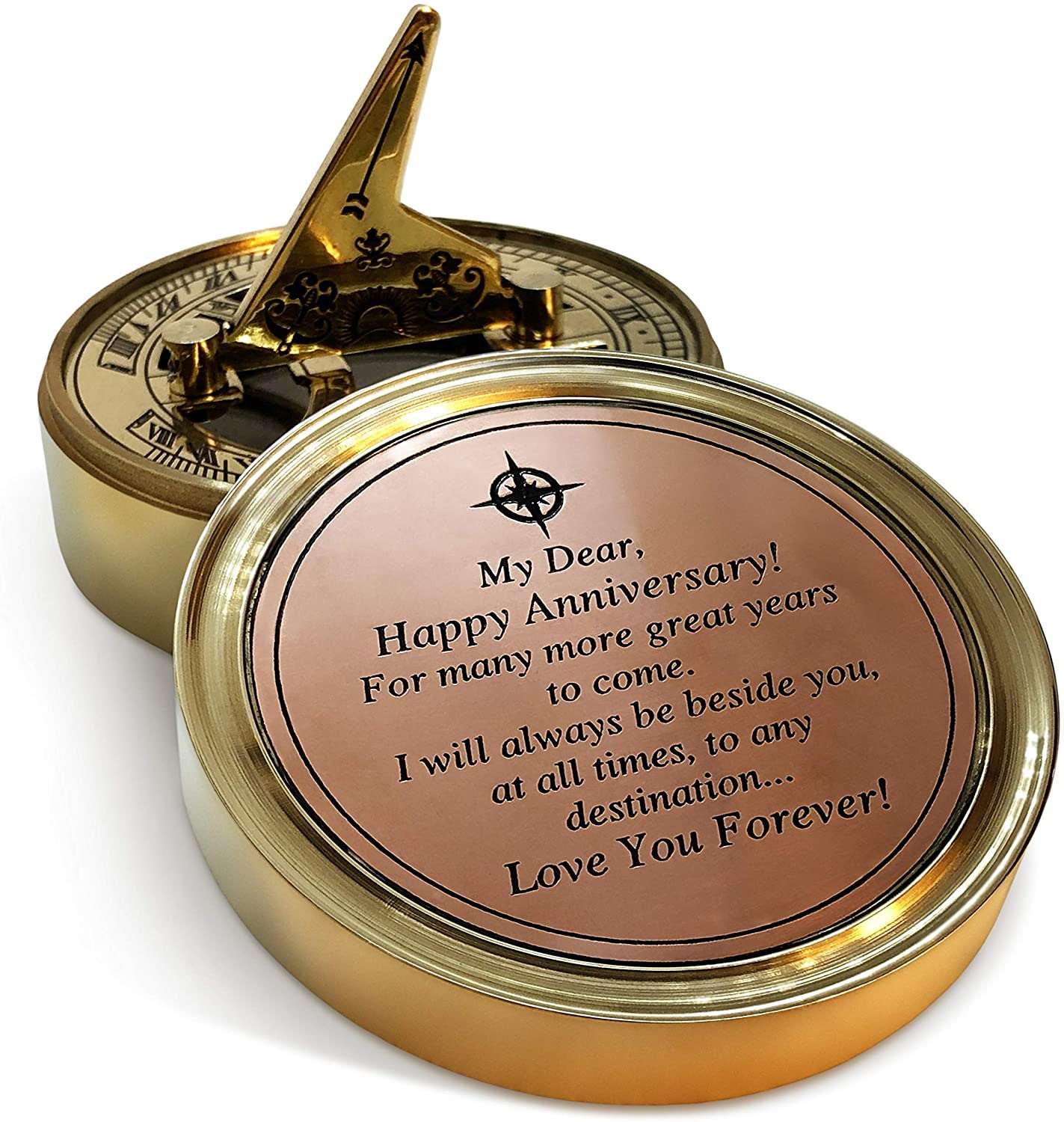 Personalized Anniversary Gift Brass Sundial Compass - Romantic Gift Idea
