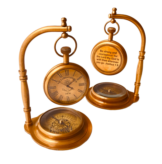 Brass Table Clock with Compass - Engraved Be strong and Courageous
