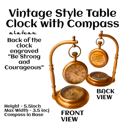 Tischuhr aus Messing mit Kompass – Gravur „Sei stark und mutig“.