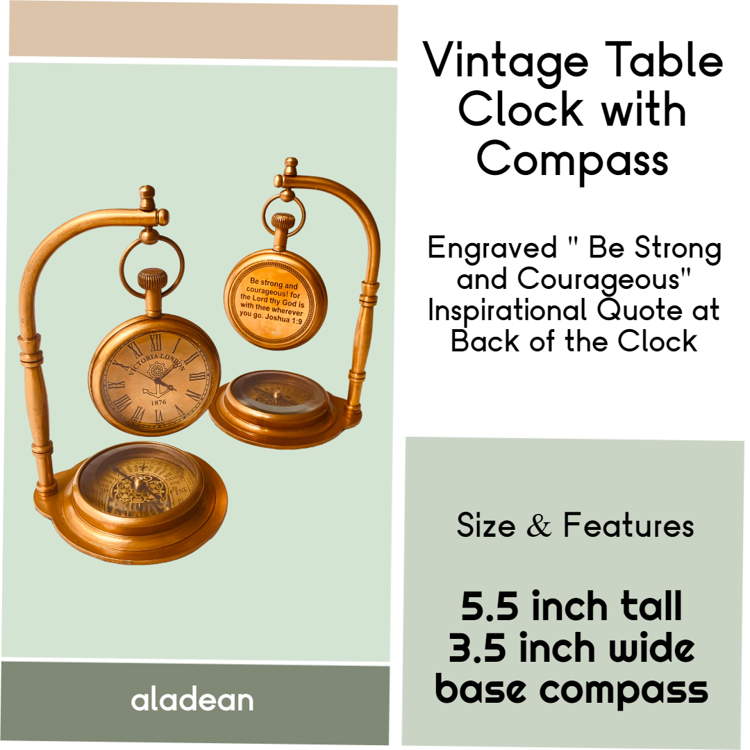 Horloge de table en laiton avec boussole - Gravé Soyez fort et courageux