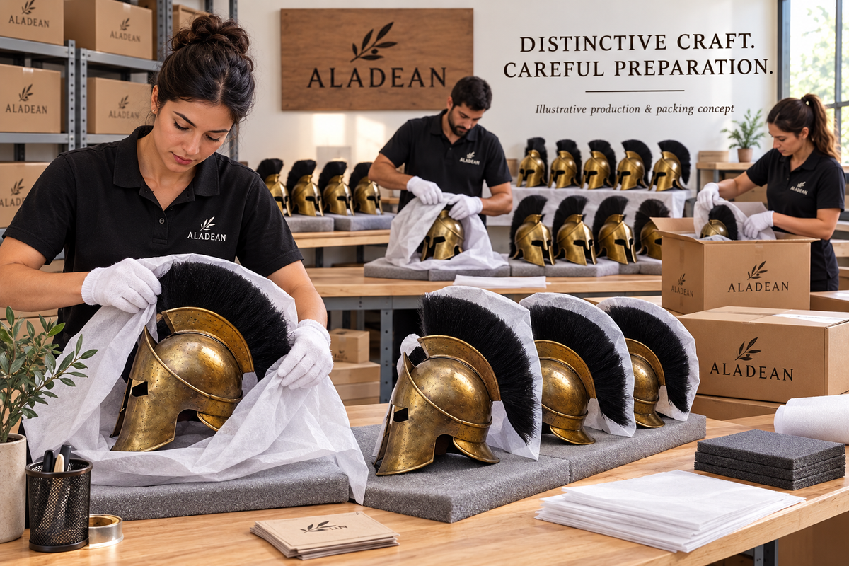 Black-crested Spartan helmets prepared with protective wrapping for wholesale orders