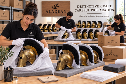 Black-crested Spartan helmets prepared with protective wrapping for wholesale orders
