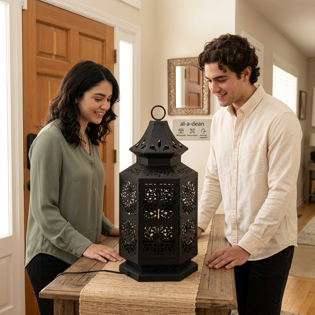 Black metal table lantern with hinged door