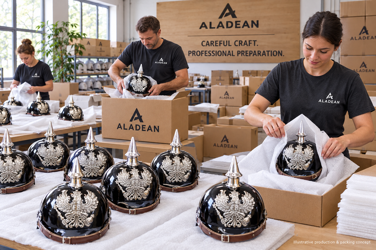 Black steel FR Pickelhaube helmets on padded packing tables with Aladean cartons and protective wrapping
