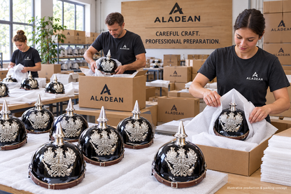 Black steel FR Pickelhaube helmets on padded packing tables with Aladean cartons and protective wrapping