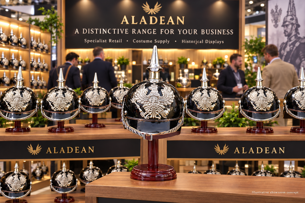 Black steel FR Pickelhaube reproduction helmets on Aladean wooden shelves for specialist retail and costume buyers