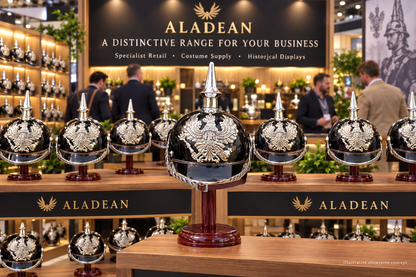Black steel FR Pickelhaube reproduction helmets on Aladean wooden shelves for specialist retail and costume buyers