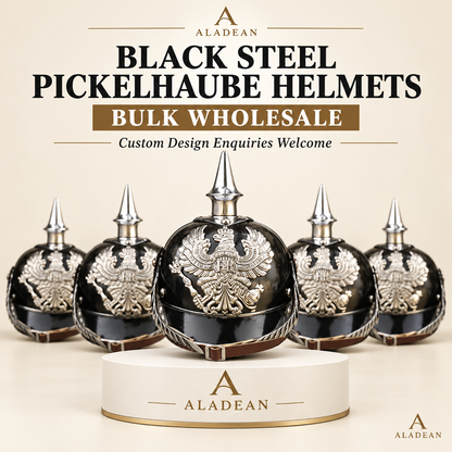 Black steel FR Pickelhaube reproduction helmets with silver fittings for Aladean bulk wholesale enquiries