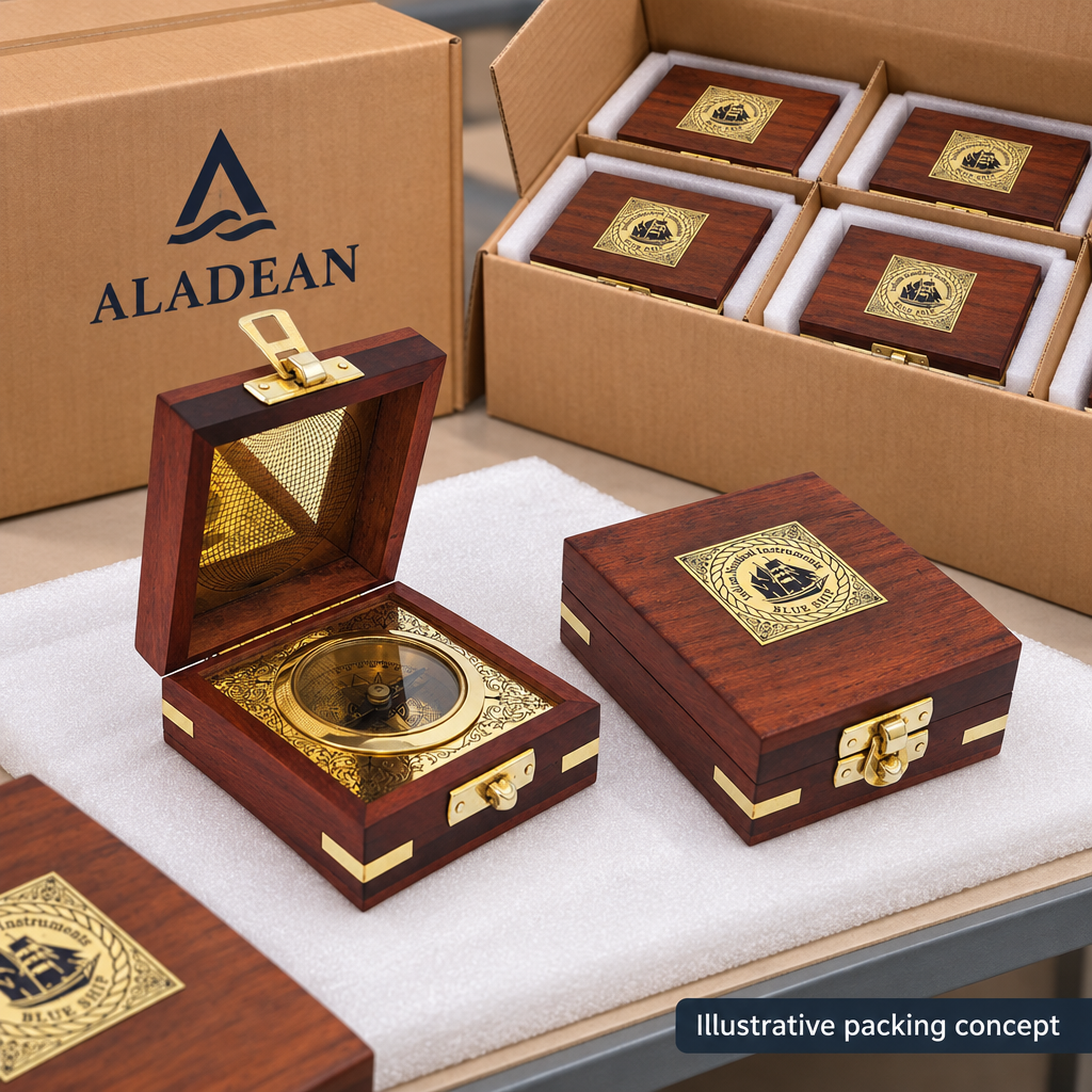 Boxed brass nautical compass wholesale packing concept