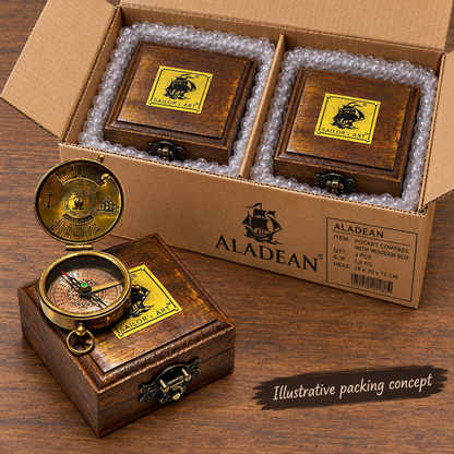 Boxed brass pocket compasses in an illustrative wholesale packing concept