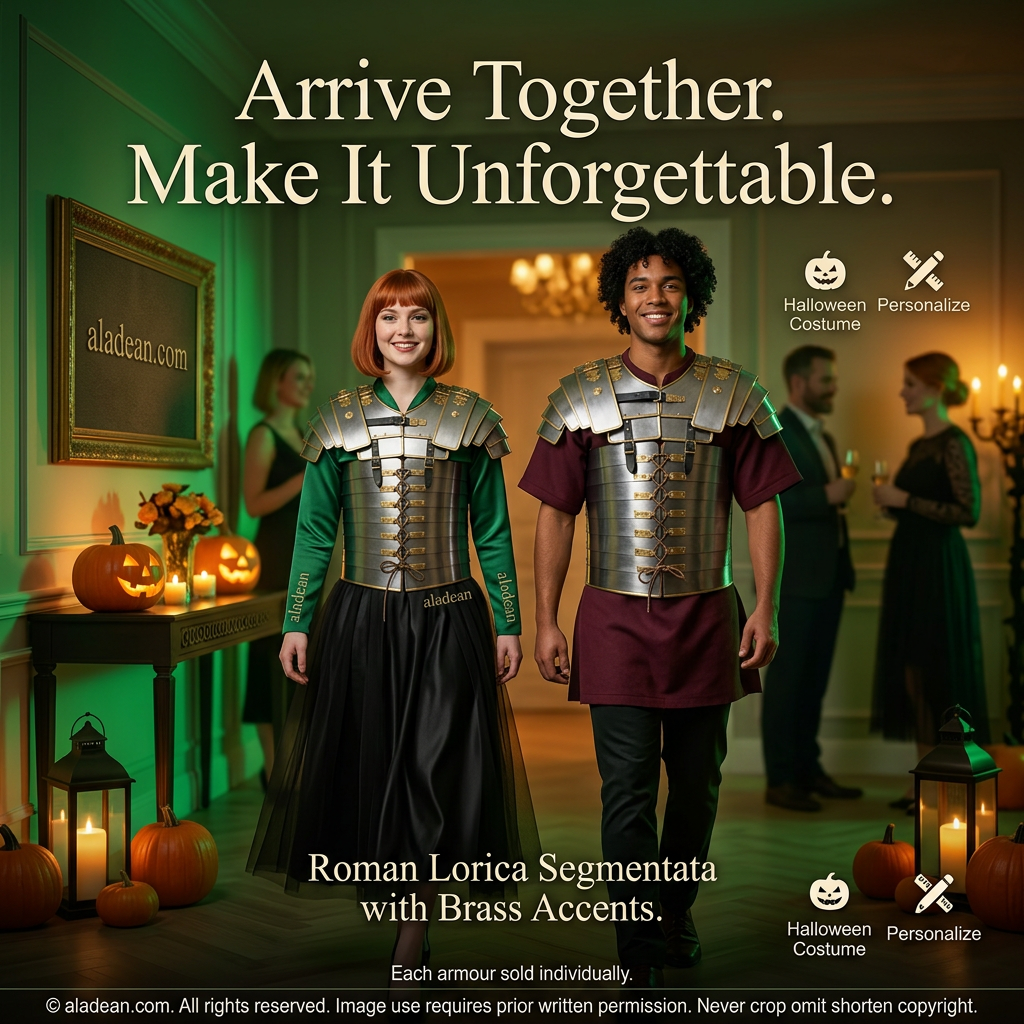 Brass-accented Roman Lorica Halloween couple retail ad