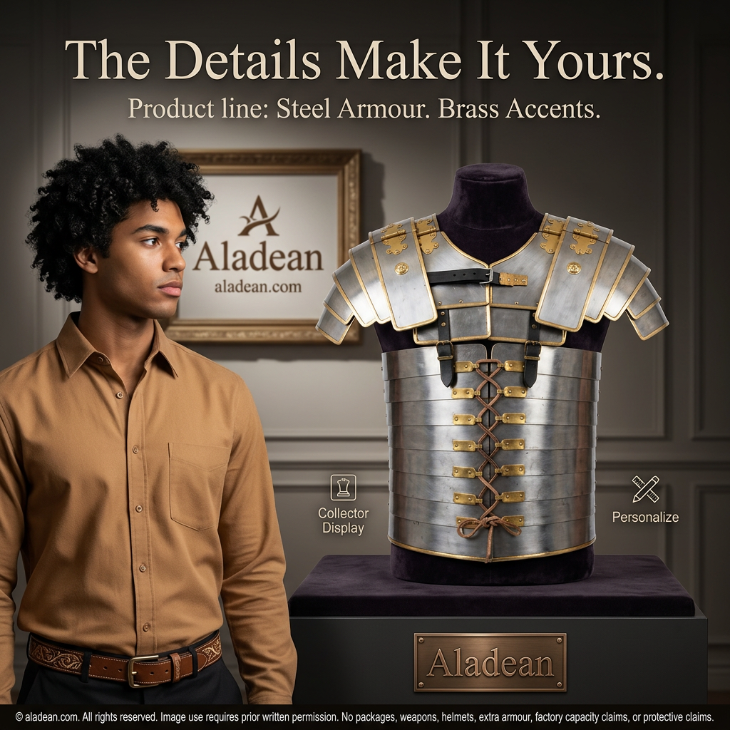 Brass-accented Roman Lorica retail collector ad