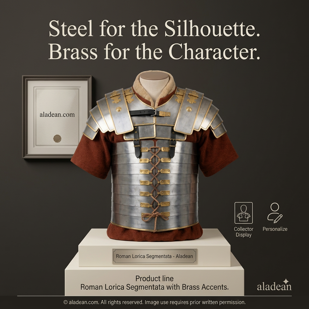 Brass-accented Roman Lorica retail product ad