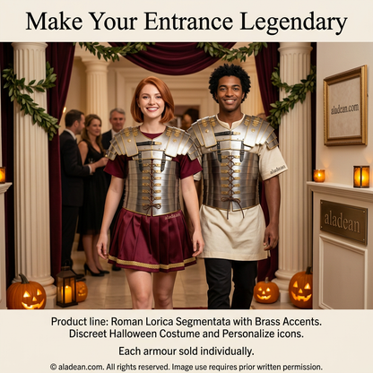 Brass-accented Roman Lorica Roman-inspired couple retail ad