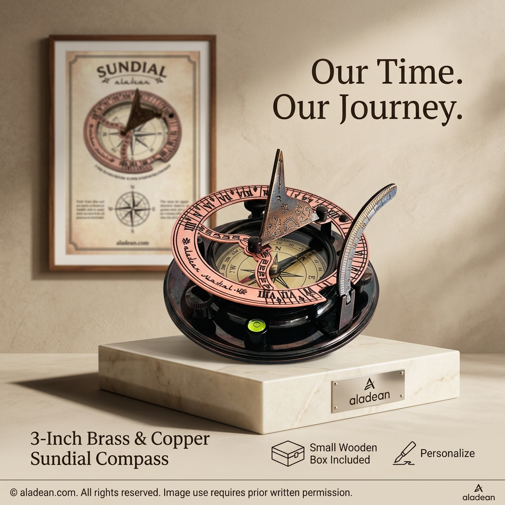 Brass and copper sundial compass retail product ad