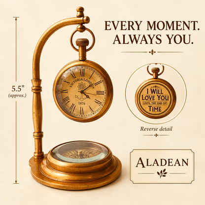 Brass anniversary desk clock with compass and engraved love quote