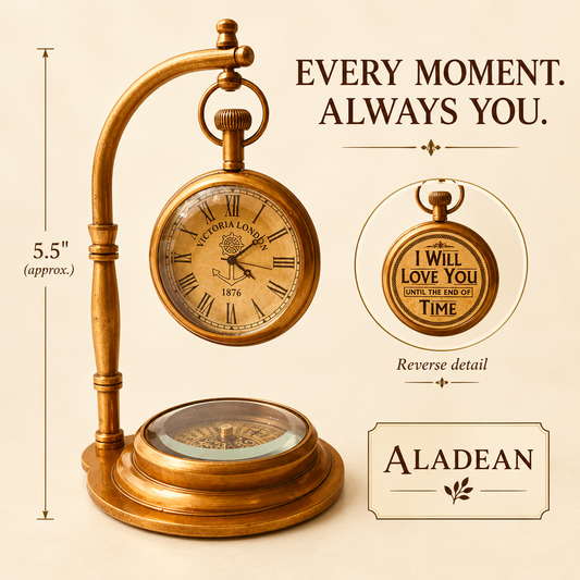 Brass anniversary desk clock with compass and engraved love quote